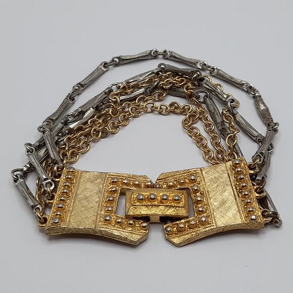 Vintage CELEBRITY Gold Silver Tone Chain Design, Designer Signed, 1960s, 7 1/8" - Picture 8 of 14